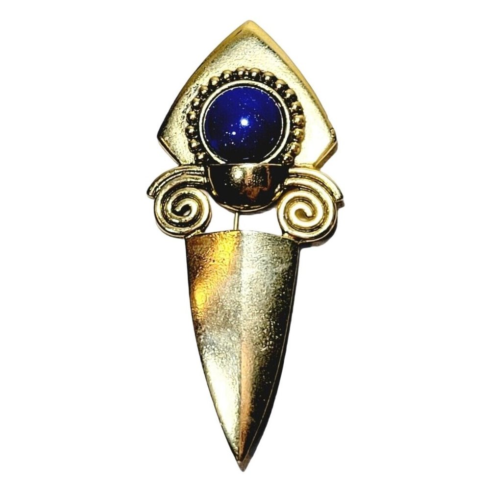 Vintage Retro Glam Statement Dauplaise Blue Cabochon And Gold Tone Face Pin/ Bro